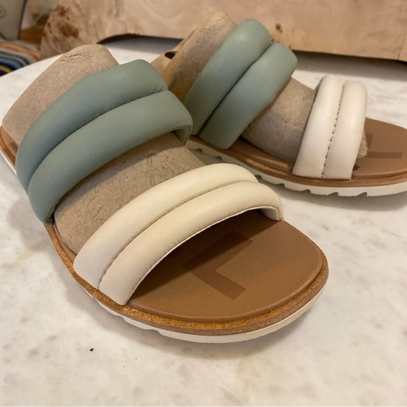 Sorel Ella II Puffer Slide Sandals Black Flat Sole Leather Cream & Green Size 6 - Picture 9 of 11